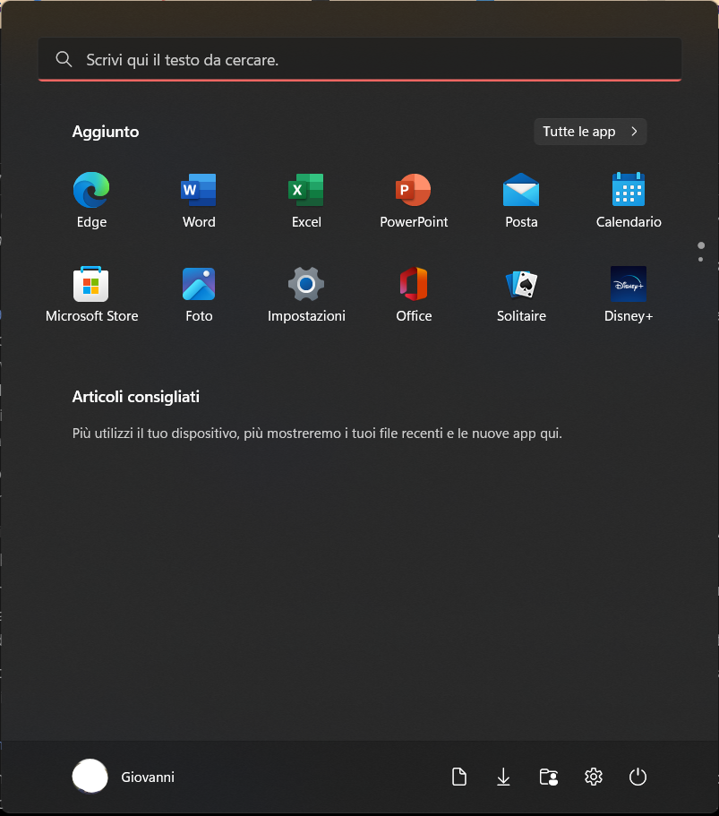 Startmenü unter Microsoft Windows: dunkles Fenster mit unten dem Loginnamen und Symbolen für Herunterfahren usw., mittig Programmsymbole mit Namen, am oberen Rand ein Eingabefeld mit Lupe-Symbol und Aufforderung, einen Suchbegriff einzugeben